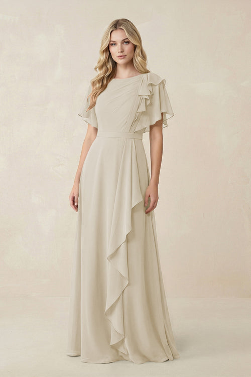 KissProm | Short Sleeves Bateau A-Line Chiffon Bridesmaid Dress in Dove Gray