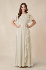Short Sleeves Bateau A - Line Chiffon Bridesmaid Dress in Dove Gray - KissProm Bridesmaid Dresses