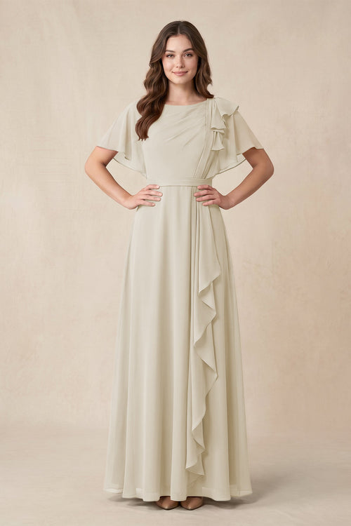 Short Sleeves Bateau A - Line Chiffon Bridesmaid Dress in Dove Gray - KissProm Bridesmaid Dresses