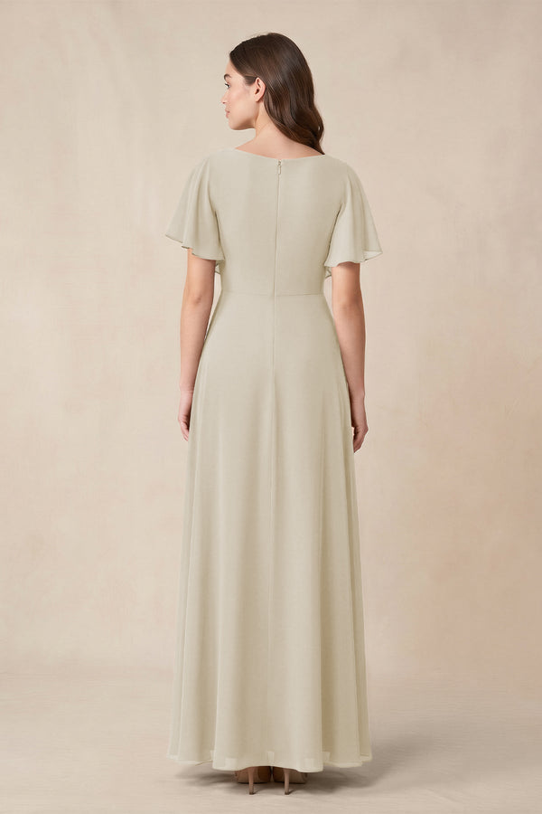 Short Sleeves Bateau A - Line Chiffon Bridesmaid Dress in Dove Gray - KissProm Bridesmaid Dresses