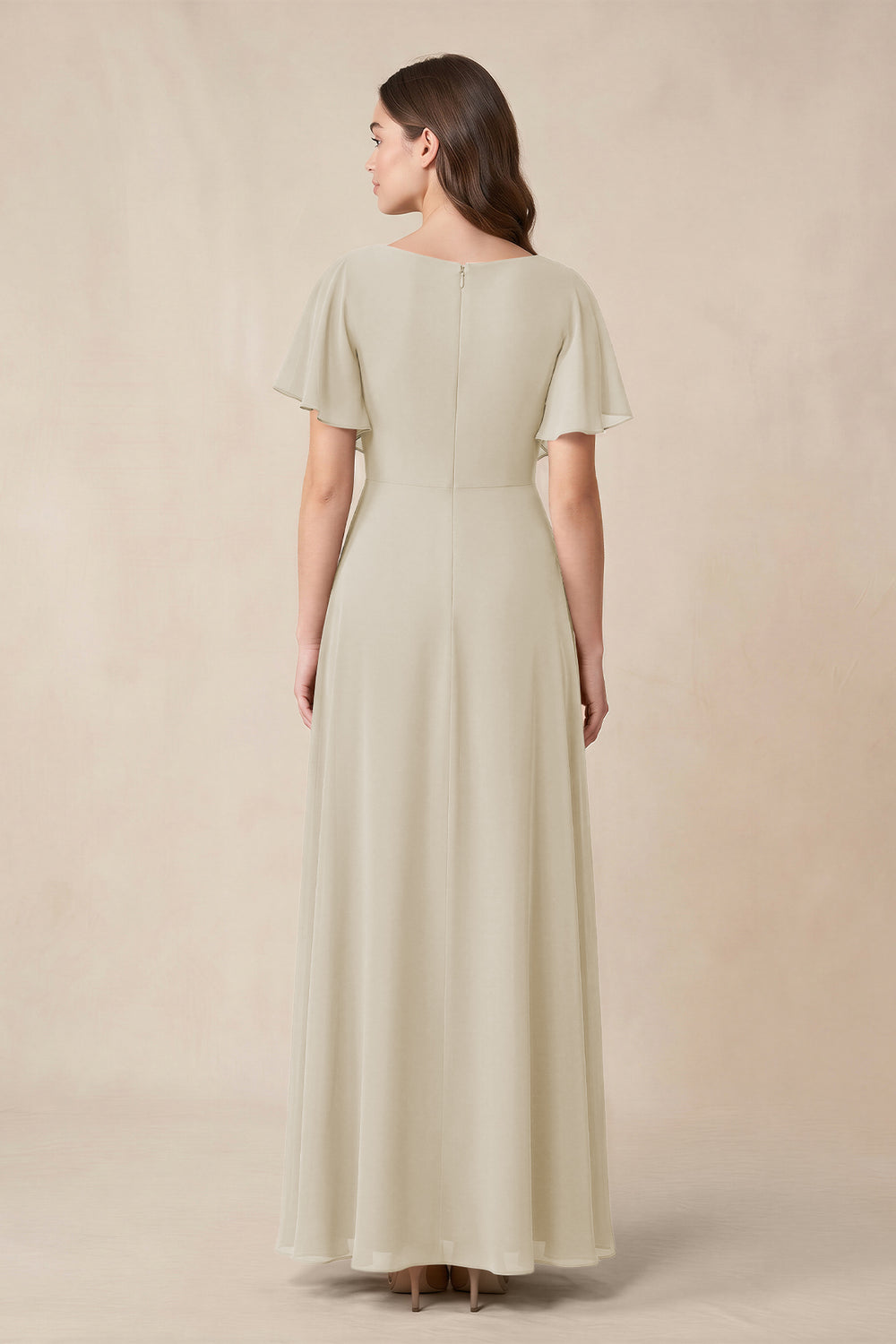 Short Sleeves Bateau A - Line Chiffon Bridesmaid Dress in Dove Gray - KissProm Bridesmaid Dresses