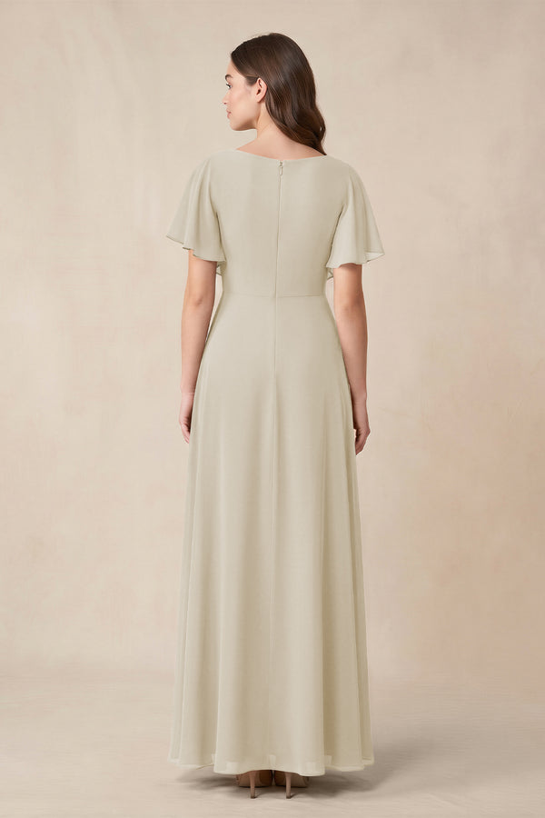 Short Sleeves Bateau A - Line Chiffon Bridesmaid Dress in Dove Gray - KissProm Bridesmaid Dresses