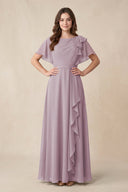 Short Sleeves Bateau A - Line Chiffon Bridesmaid Dress in Dusk - KissProm Bridesmaid Dresses