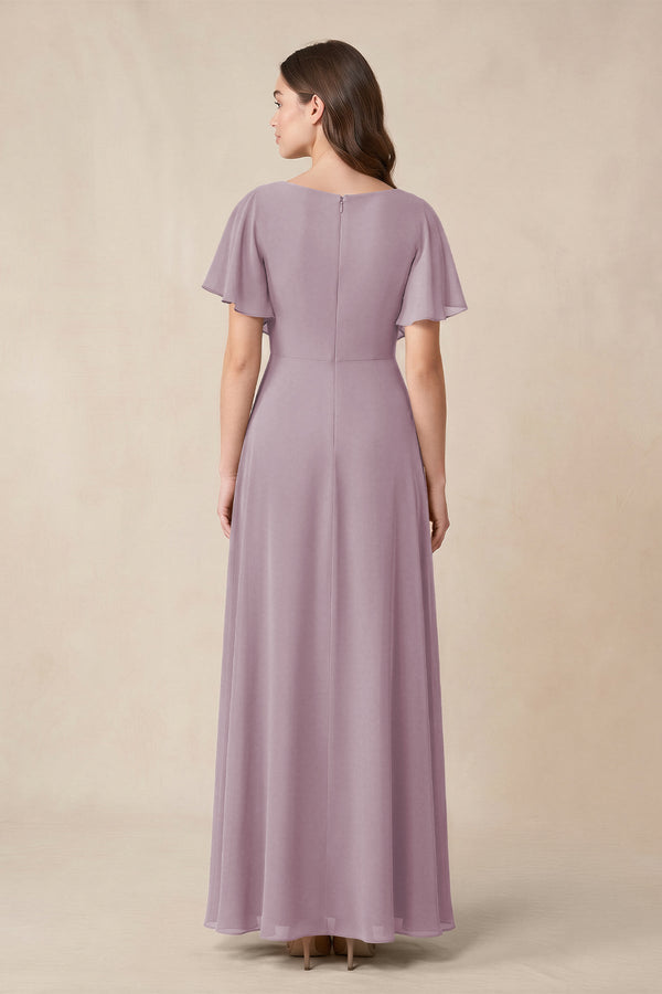 Short Sleeves Bateau A - Line Chiffon Bridesmaid Dress in Dusk - KissProm Bridesmaid Dresses