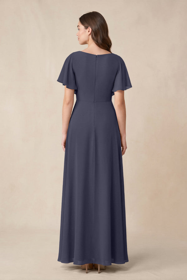 Short Sleeves Bateau A - Line Chiffon Bridesmaid Dress in Dusk Blue - KissProm Bridesmaid Dresses