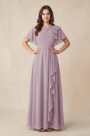 Short Sleeves Bateau A - Line Chiffon Bridesmaid Dress in Dusk - KissProm Bridesmaid Dresses