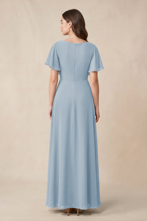 Short Sleeves Bateau A - Line Chiffon Bridesmaid Dress in Dusty Blue - KissProm Bridesmaid Dresses