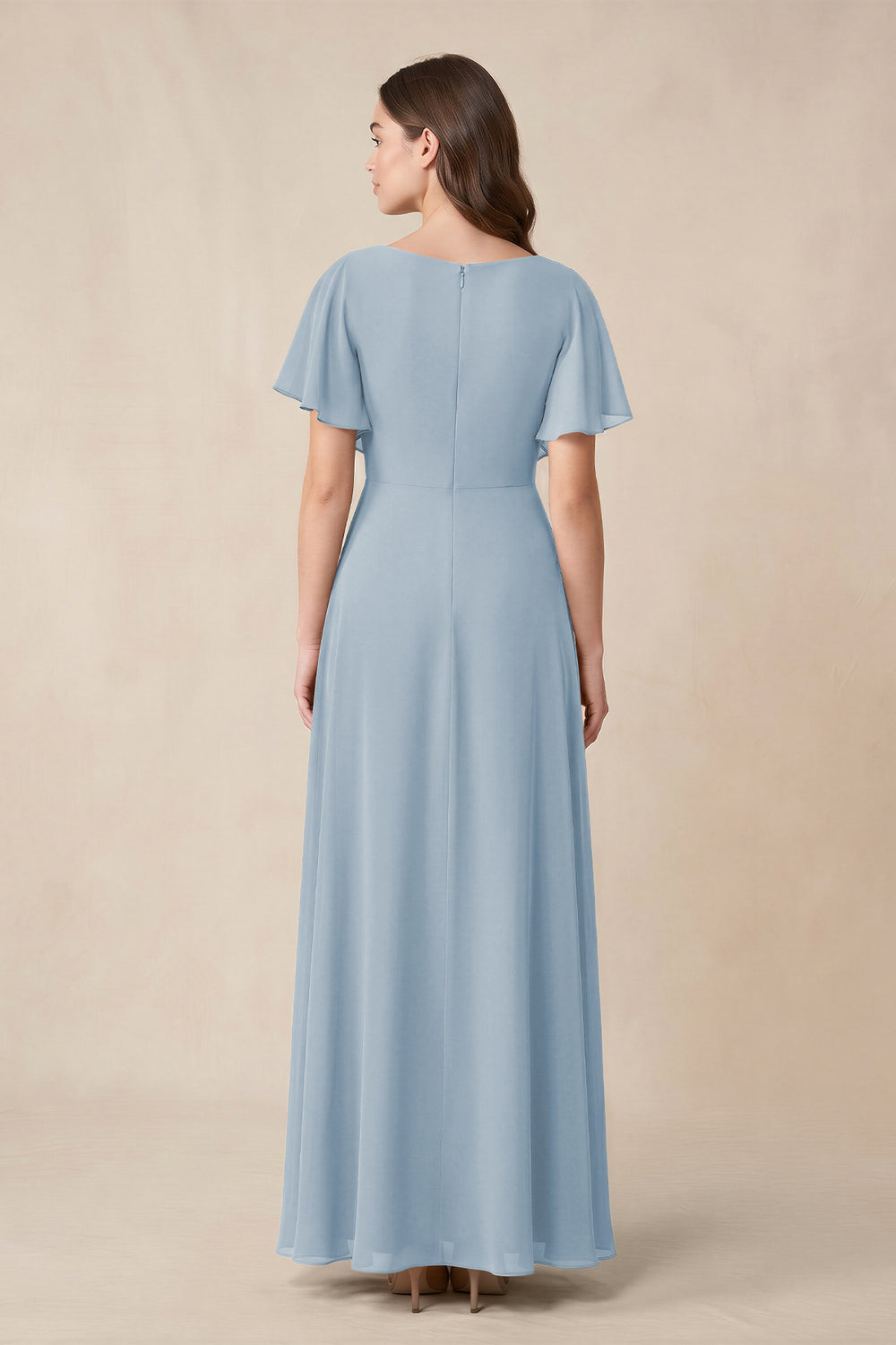 Short Sleeves Bateau A - Line Chiffon Bridesmaid Dress in Dusty Blue - KissProm Bridesmaid Dresses