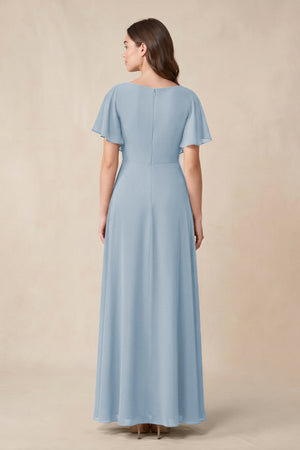 Short Sleeves Bateau A - Line Chiffon Bridesmaid Dress in Dusty Blue - KissProm Bridesmaid Dresses