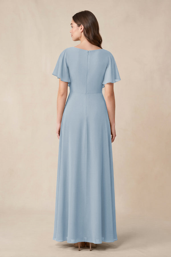 Short Sleeves Bateau A - Line Chiffon Bridesmaid Dress in Dusty Blue - KissProm Bridesmaid Dresses