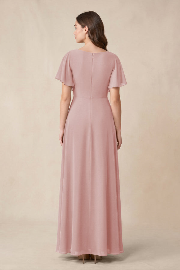 Short Sleeves Bateau A - Line Chiffon Bridesmaid Dress in Dusty Rose - KissProm Bridesmaid Dresses