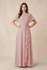 Short Sleeves Bateau A - Line Chiffon Bridesmaid Dress in Dusty Rose - KissProm Bridesmaid Dresses