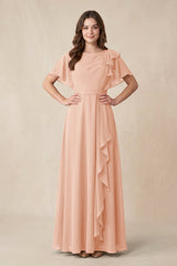 Short Sleeves Bateau A - Line Chiffon Bridesmaid Dress in English Rose - KissProm Bridesmaid Dresses