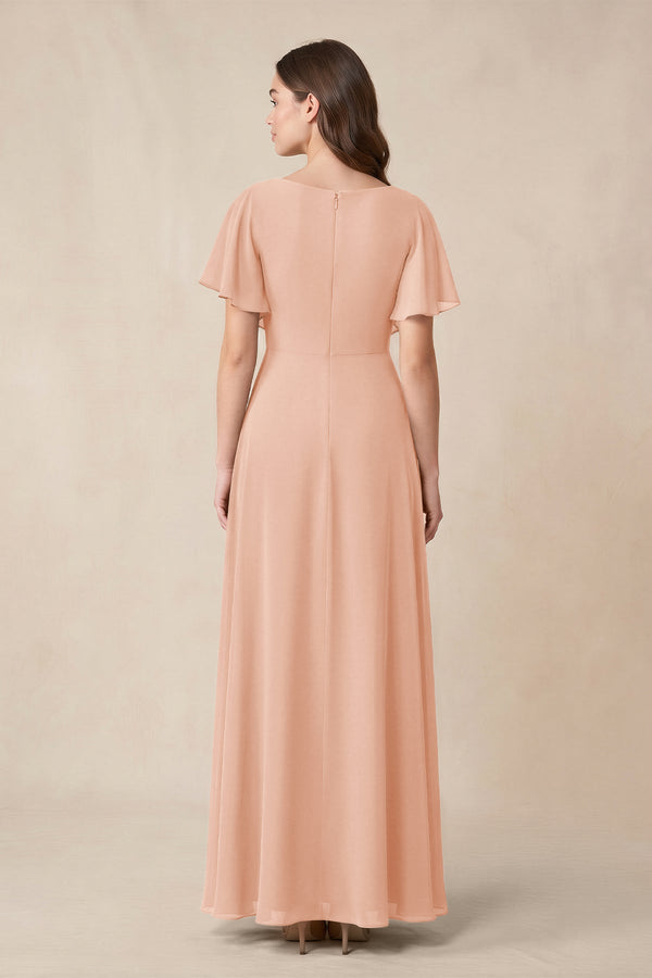 Short Sleeves Bateau A - Line Chiffon Bridesmaid Dress in English Rose - KissProm Bridesmaid Dresses