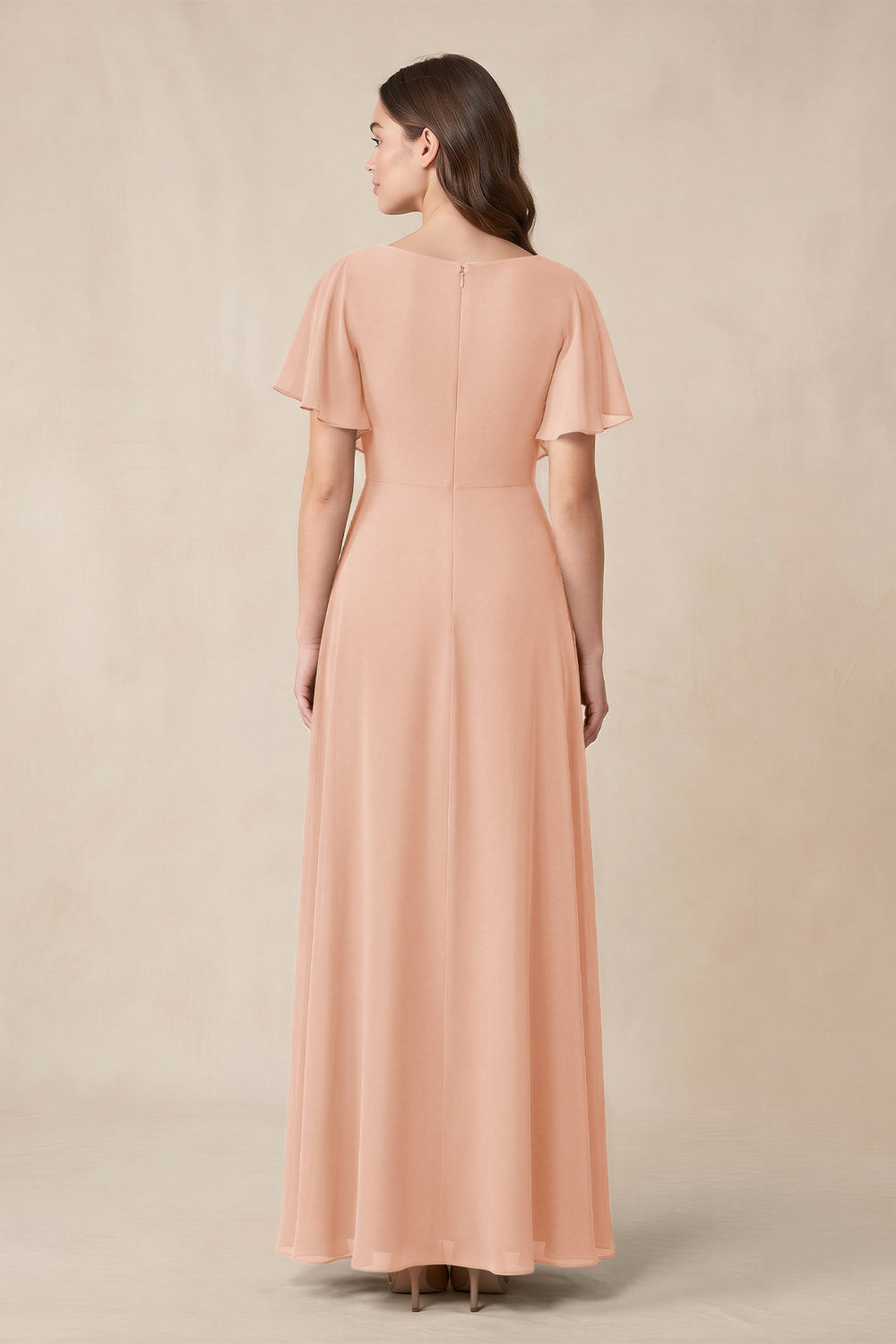 Short Sleeves Bateau A - Line Chiffon Bridesmaid Dress in English Rose - KissProm Bridesmaid Dresses