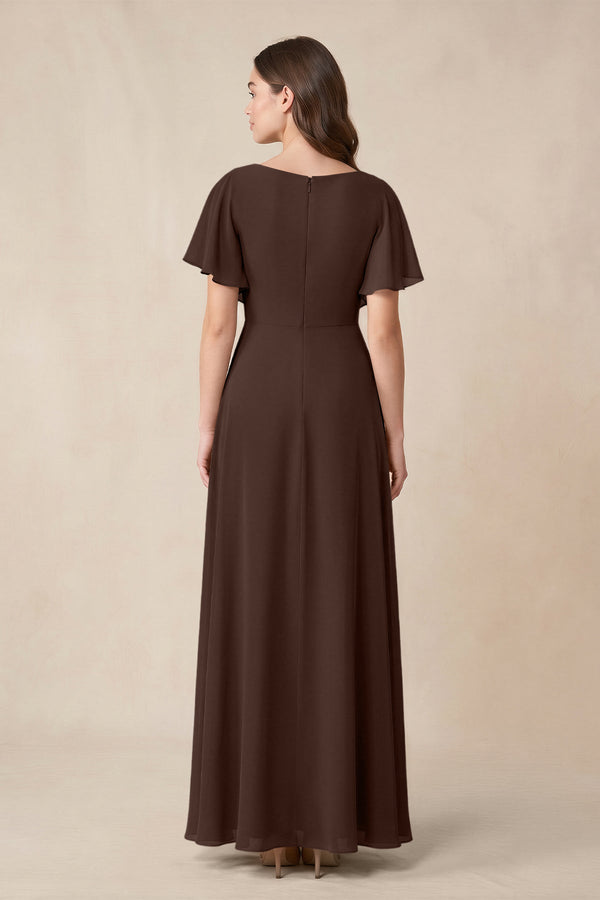 Short Sleeves Bateau A - Line Chiffon Bridesmaid Dress in Espresso - KissProm Bridesmaid Dresses
