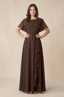 Short Sleeves Bateau A - Line Chiffon Bridesmaid Dress in Espresso - KissProm Bridesmaid Dresses