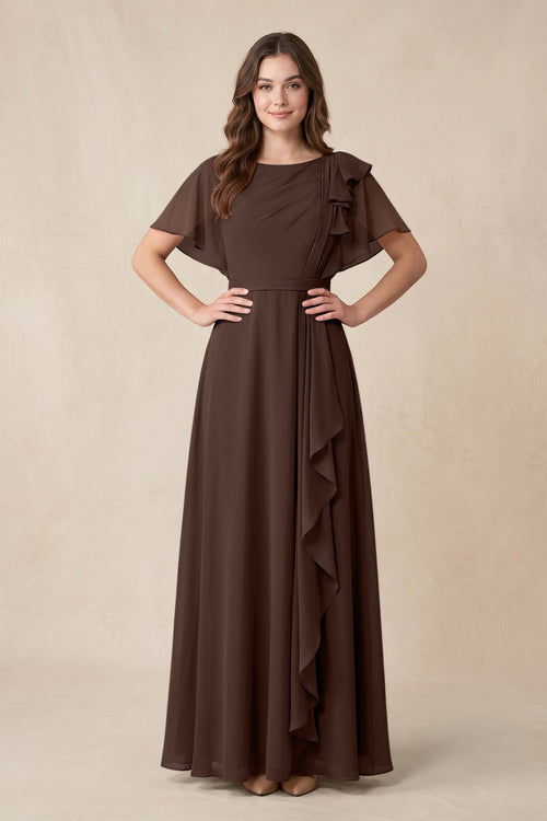Short Sleeves Bateau A - Line Chiffon Bridesmaid Dress in Espresso - KissProm Bridesmaid Dresses