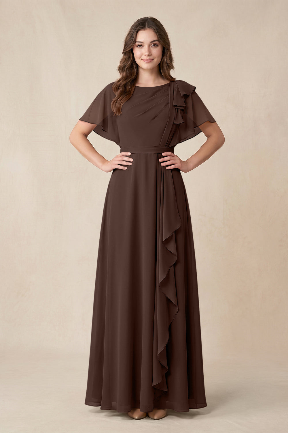 Short Sleeves Bateau A - Line Chiffon Bridesmaid Dress in Espresso - KissProm Bridesmaid Dresses