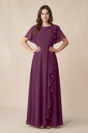 Short Sleeves Bateau A - Line Chiffon Bridesmaid Dress in Fig - KissProm Bridesmaid Dresses