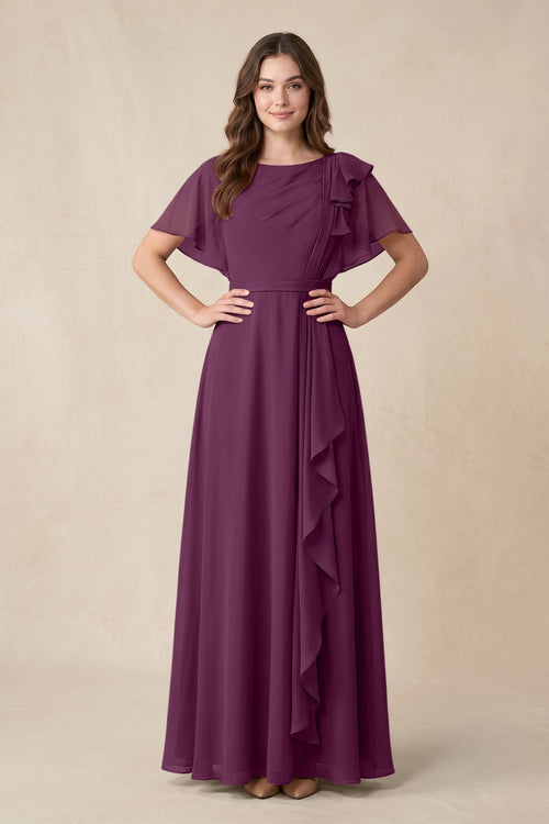 Short Sleeves Bateau A - Line Chiffon Bridesmaid Dress in Fig - KissProm Bridesmaid Dresses