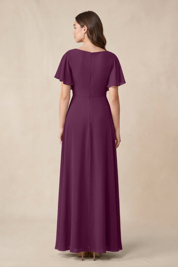 Short Sleeves Bateau A - Line Chiffon Bridesmaid Dress in Fig - KissProm Bridesmaid Dresses