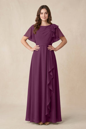 Short Sleeves Bateau A - Line Chiffon Bridesmaid Dress in Fig - KissProm Bridesmaid Dresses