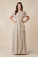 Short Sleeves Bateau A - Line Chiffon Bridesmaid Dress in Frost - KissProm Bridesmaid Dresses