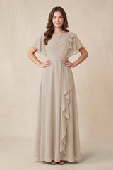 Short Sleeves Bateau A - Line Chiffon Bridesmaid Dress in Frost - KissProm Bridesmaid Dresses