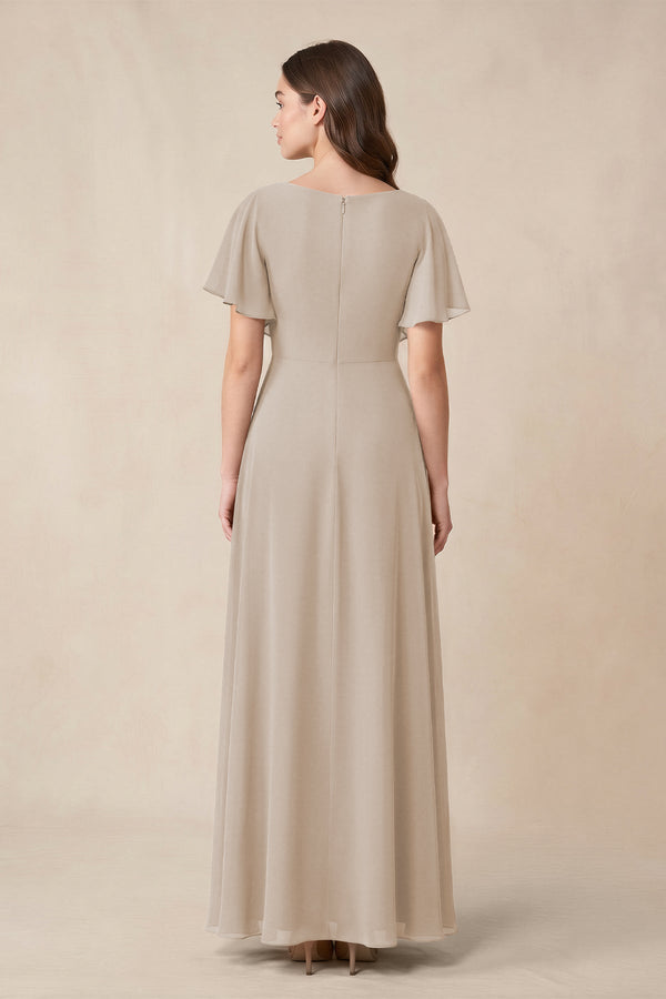 Short Sleeves Bateau A - Line Chiffon Bridesmaid Dress in Frost - KissProm Bridesmaid Dresses