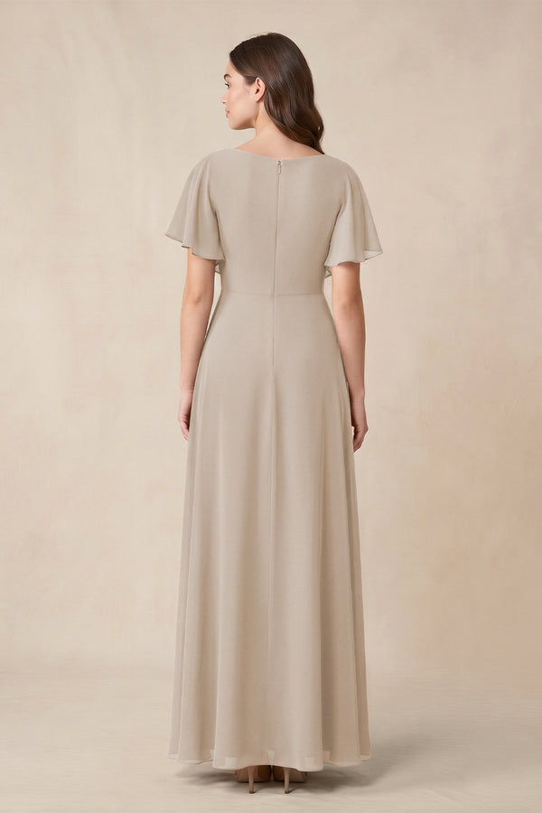 Short Sleeves Bateau A - Line Chiffon Bridesmaid Dress in Frost - KissProm Bridesmaid Dresses