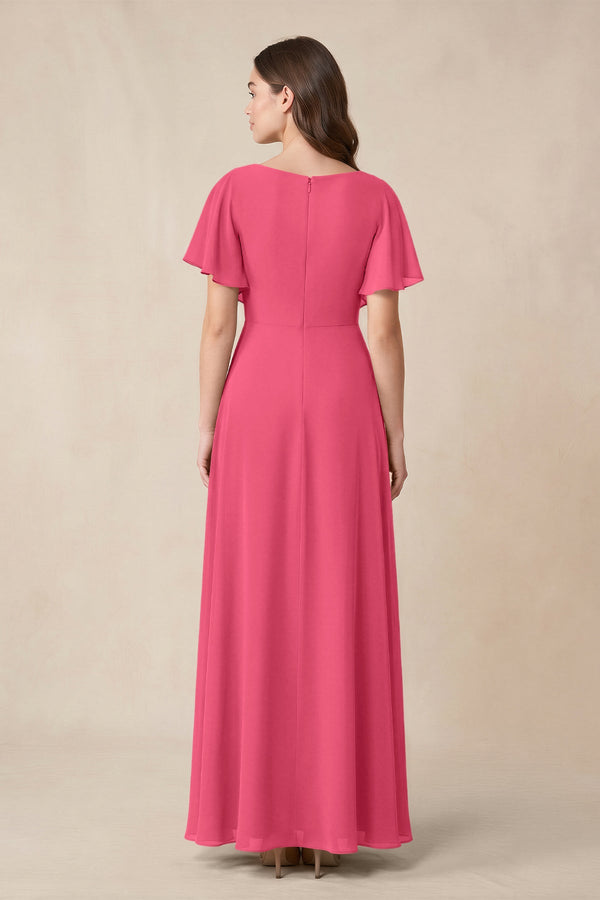 Short Sleeves Bateau A - Line Chiffon Bridesmaid Dress in Fuchsia - KissProm Bridesmaid Dresses