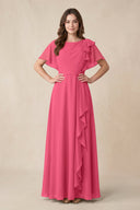 Short Sleeves Bateau A - Line Chiffon Bridesmaid Dress in Fuchsia - KissProm Bridesmaid Dresses