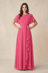 Short Sleeves Bateau A - Line Chiffon Bridesmaid Dress in Fuchsia - KissProm Bridesmaid Dresses