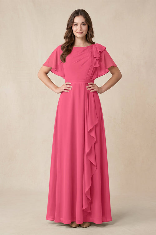 Short Sleeves Bateau A - Line Chiffon Bridesmaid Dress in Fuchsia - KissProm Bridesmaid Dresses