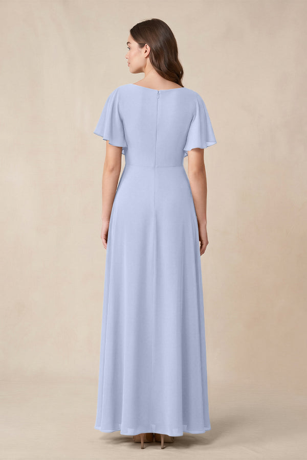 Short Sleeves Bateau A - Line Chiffon Bridesmaid Dress in Ice - KissProm Bridesmaid Dresses