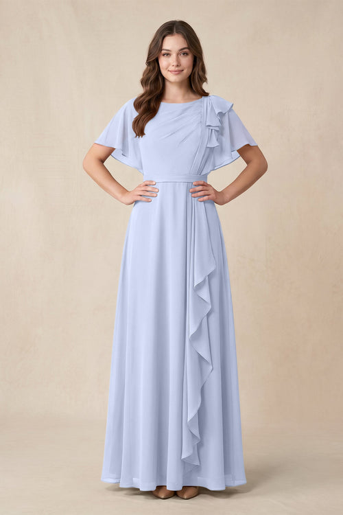 Short Sleeves Bateau A - Line Chiffon Bridesmaid Dress in Ice - KissProm Bridesmaid Dresses