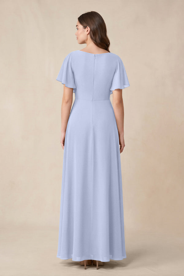 Short Sleeves Bateau A - Line Chiffon Bridesmaid Dress in Ice - KissProm Bridesmaid Dresses