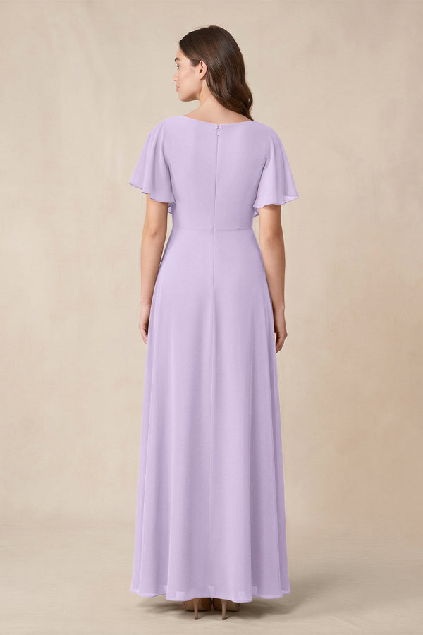 Short Sleeves Bateau A - Line Chiffon Bridesmaid Dress in Lavender - KissProm Bridesmaid Dresses
