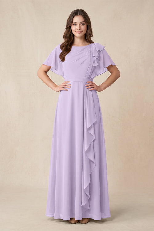 Short Sleeves Bateau A - Line Chiffon Bridesmaid Dress in Lavender - KissProm Bridesmaid Dresses