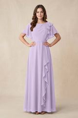 Short Sleeves Bateau A - Line Chiffon Bridesmaid Dress in Lavender - KissProm Bridesmaid Dresses