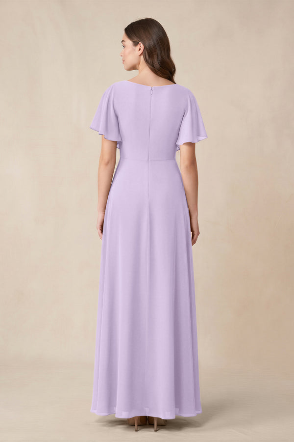 Short Sleeves Bateau A - Line Chiffon Bridesmaid Dress in Lavender - KissProm Bridesmaid Dresses