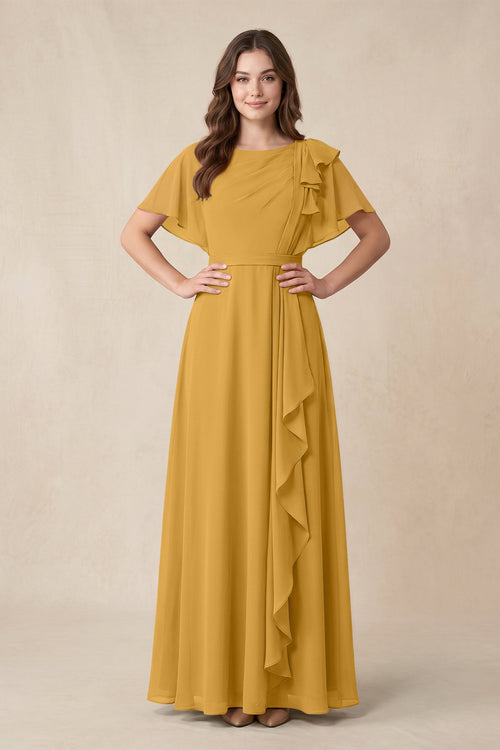 Short Sleeves Bateau A - Line Chiffon Bridesmaid Dress in Marigold - KissProm Bridesmaid Dresses