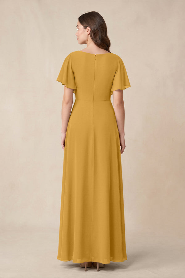 Short Sleeves Bateau A - Line Chiffon Bridesmaid Dress in Marigold - KissProm Bridesmaid Dresses