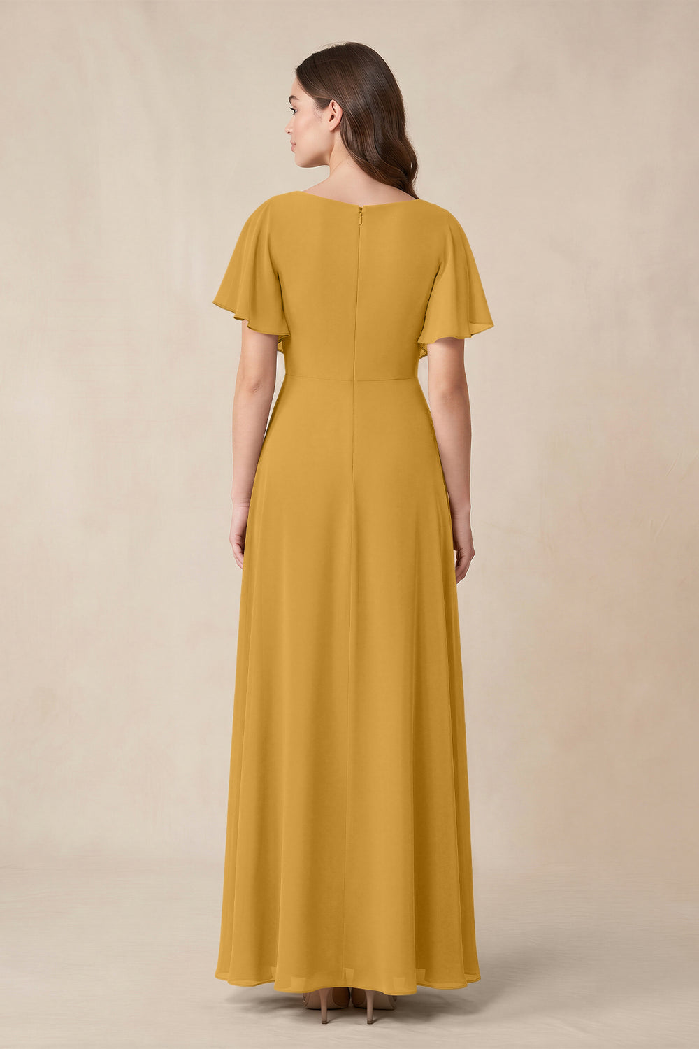 Short Sleeves Bateau A - Line Chiffon Bridesmaid Dress in Marigold - KissProm Bridesmaid Dresses