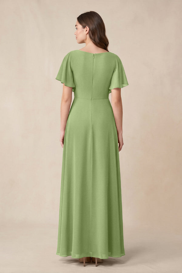 Short Sleeves Bateau A - Line Chiffon Bridesmaid Dress in Matcha - KissProm Bridesmaid Dresses