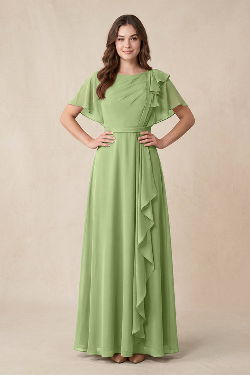 Short Sleeves Bateau A - Line Chiffon Bridesmaid Dress in Matcha - KissProm Bridesmaid Dresses