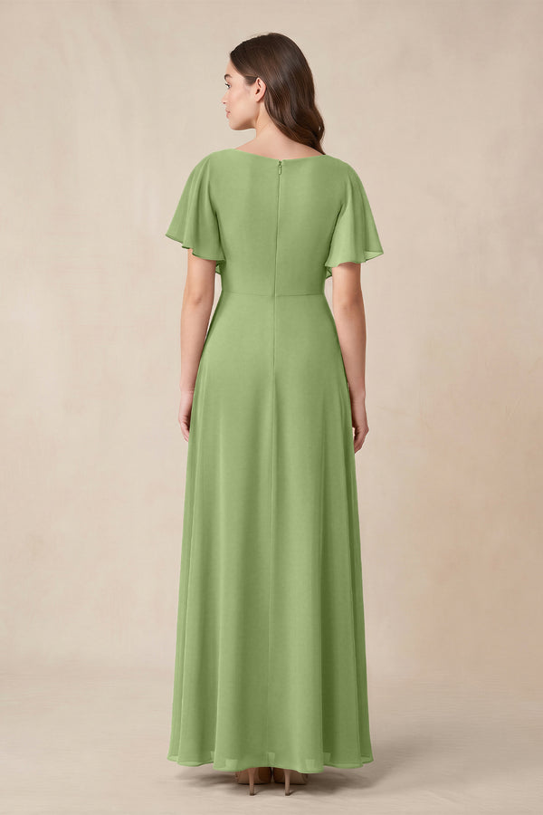 Short Sleeves Bateau A - Line Chiffon Bridesmaid Dress in Matcha - KissProm Bridesmaid Dresses