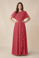 Short Sleeves Bateau A - Line Chiffon Bridesmaid Dress in Merlot - KissProm Bridesmaid Dresses