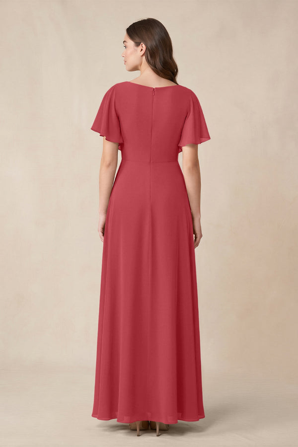Short Sleeves Bateau A - Line Chiffon Bridesmaid Dress in Merlot - KissProm Bridesmaid Dresses